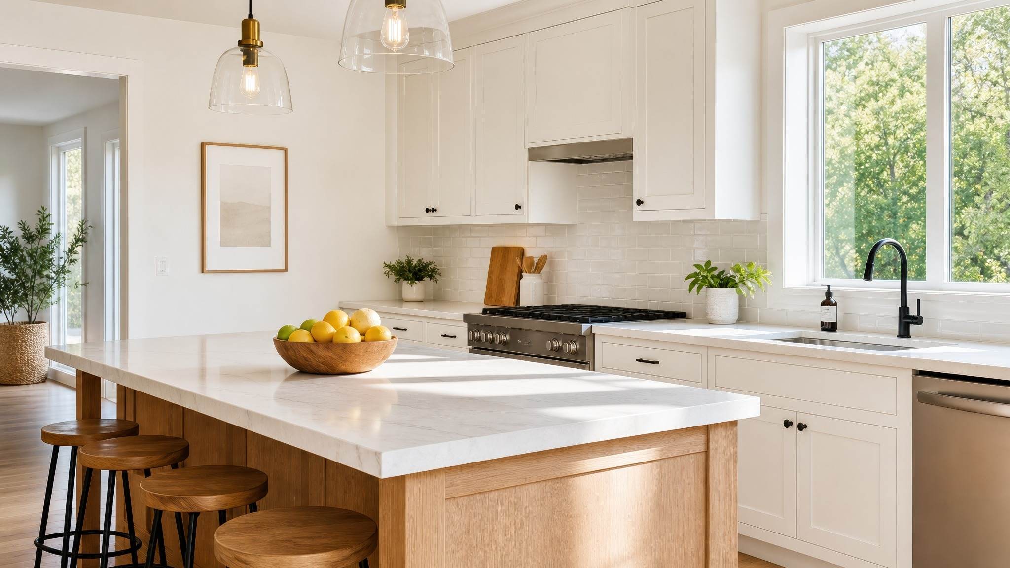 Cuisine ouverte avec îlot en bois clair, comptoir en quartz blanc et suspensions vitrées — image d’inspiration