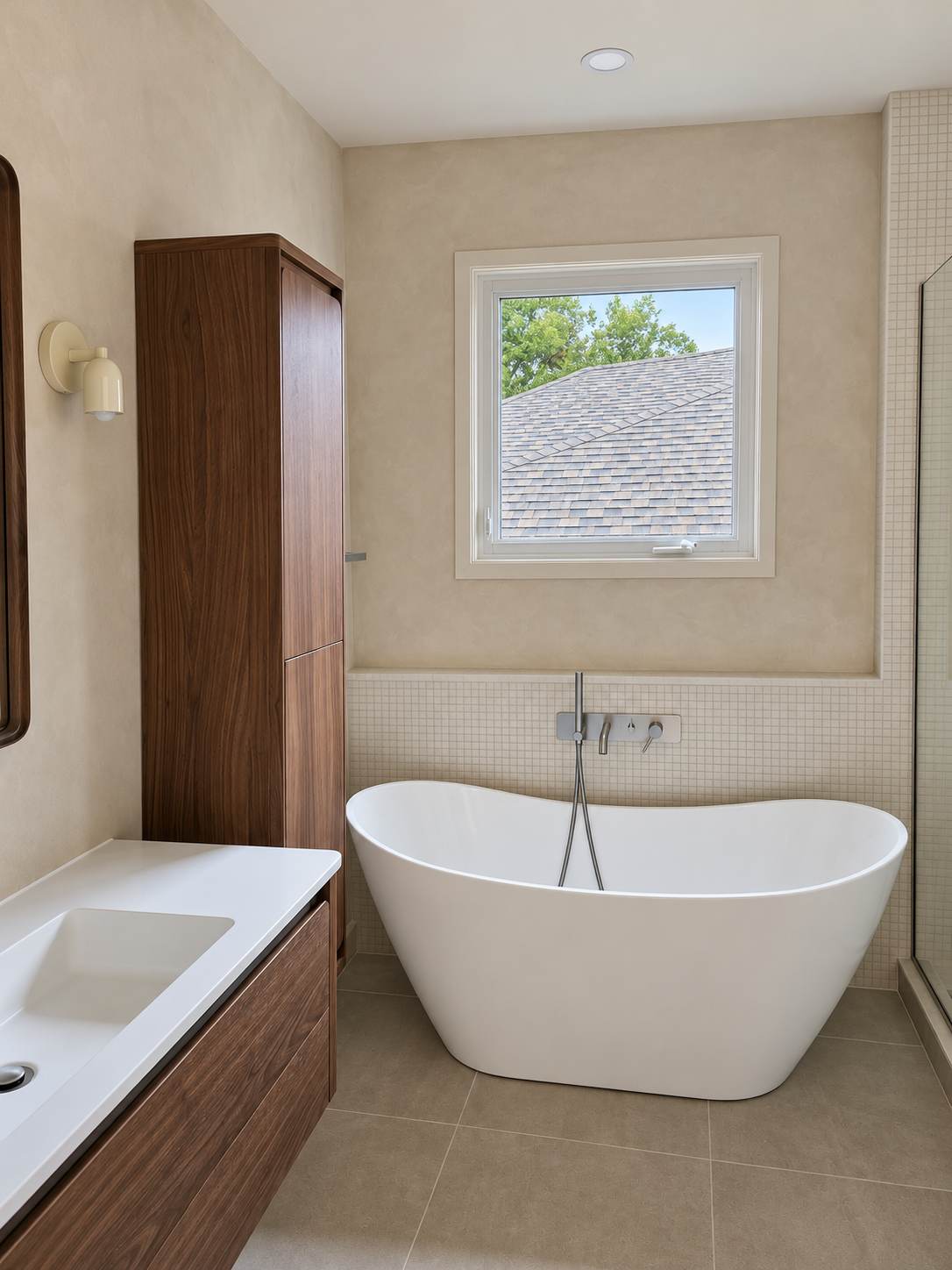 Salle de bain avec baignoire autoportante et vanité en bois — projet réalisé par Maison Craft